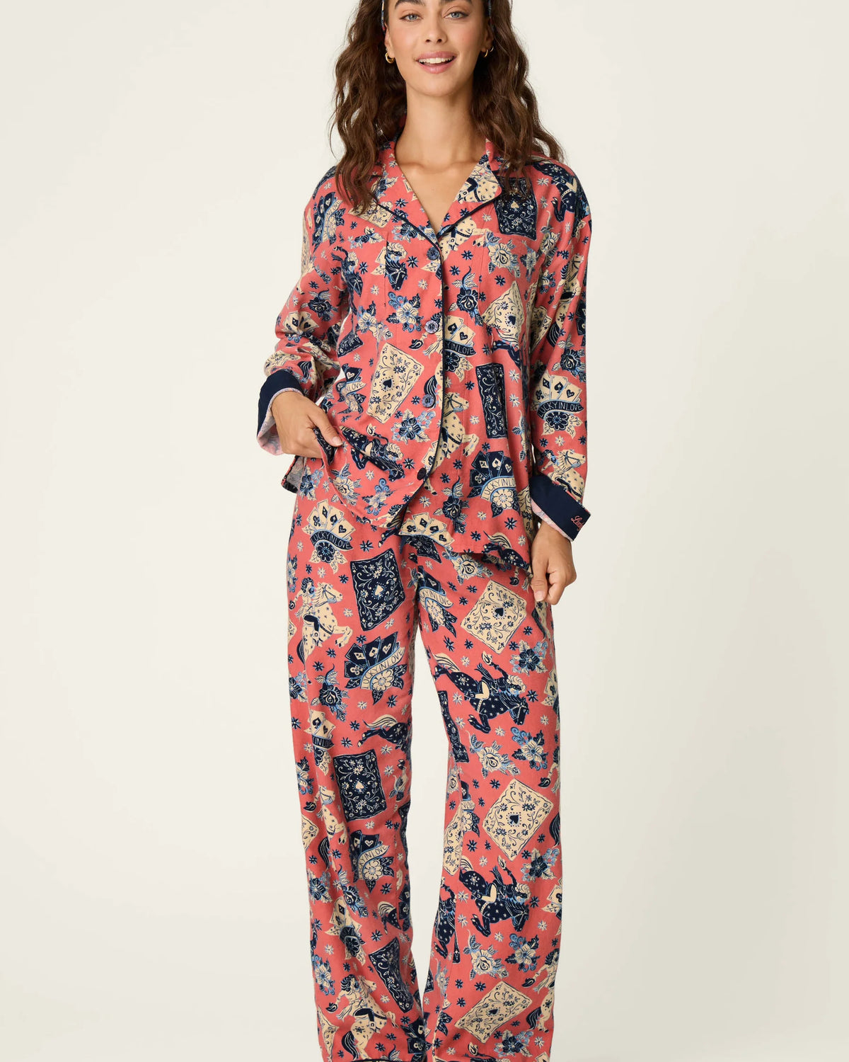 PJ Salvage Lucky in Love Western Print 3-Piece Flannel PJ Set Dark Rose front view on model — Cloud Nine Pajamas Edmonton