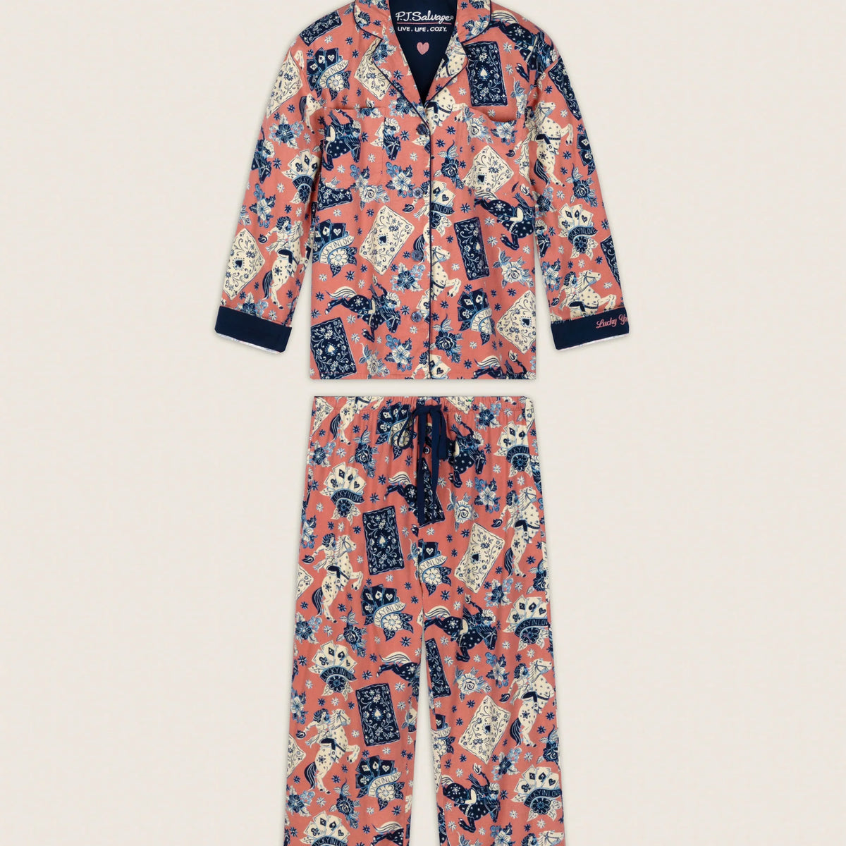 PJ Salvage Lucky in Love Flannel PJ Set full set layout with hair wrap — Cloud Nine Pajamas Edmonton