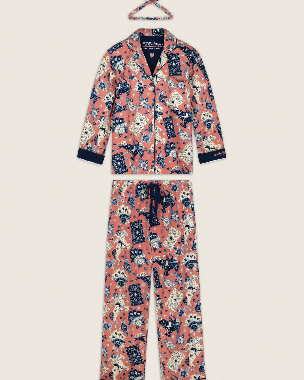 PJ Salvage Lucky in Love Flannel PJ Set full set layout with hair wrap — Cloud Nine Pajamas Edmonton