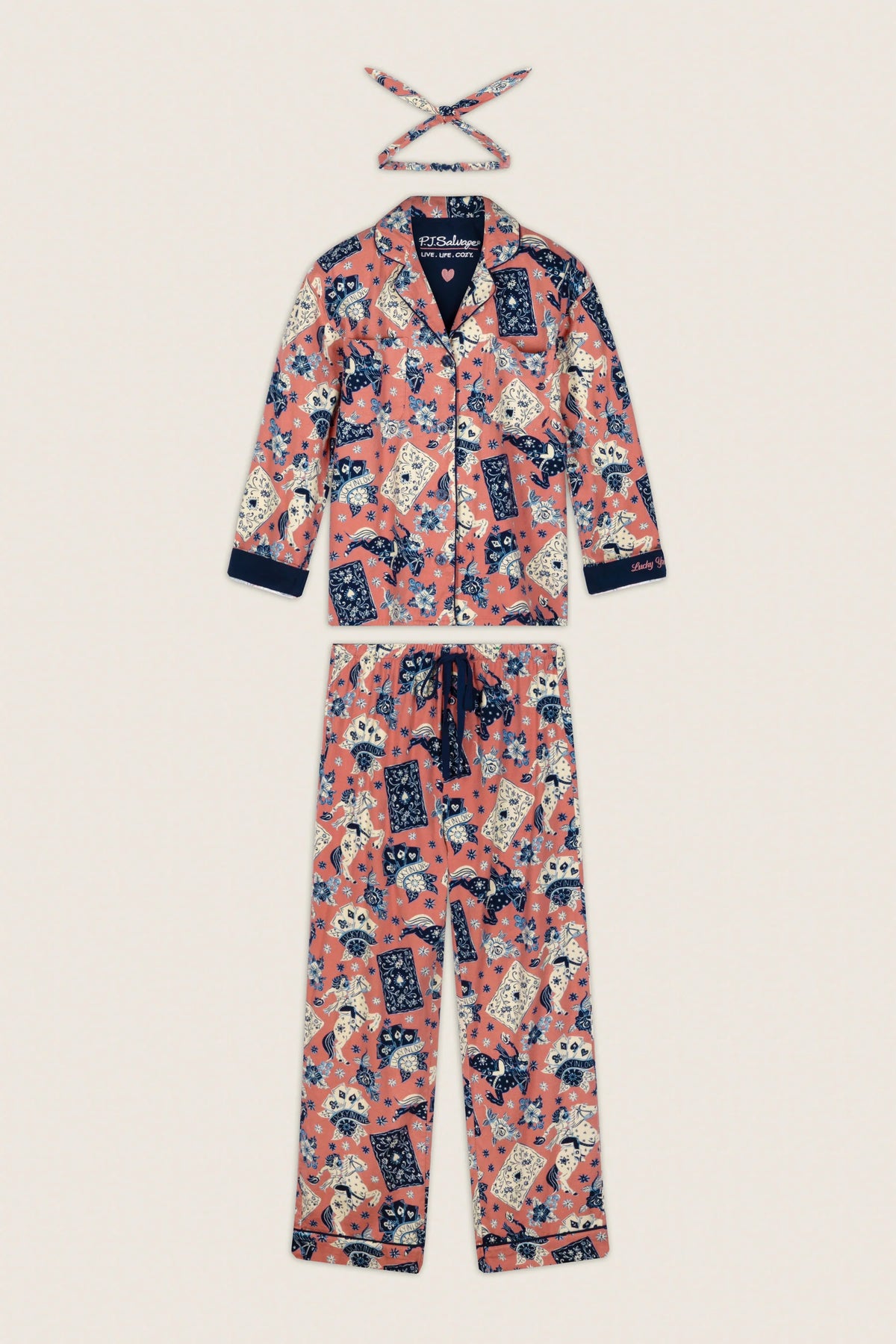PJ Salvage Lucky in Love Flannel PJ Set full set layout with hair wrap — Cloud Nine Pajamas Edmonton