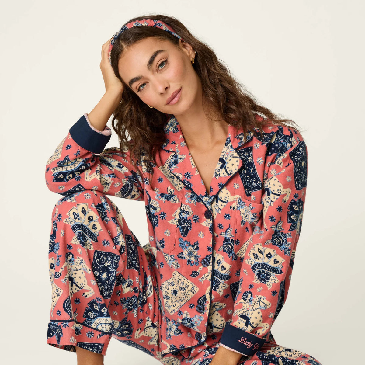 PJ Salvage Lucky in Love western print playing cards women on horseback close-up — Cloud Nine Pajamas