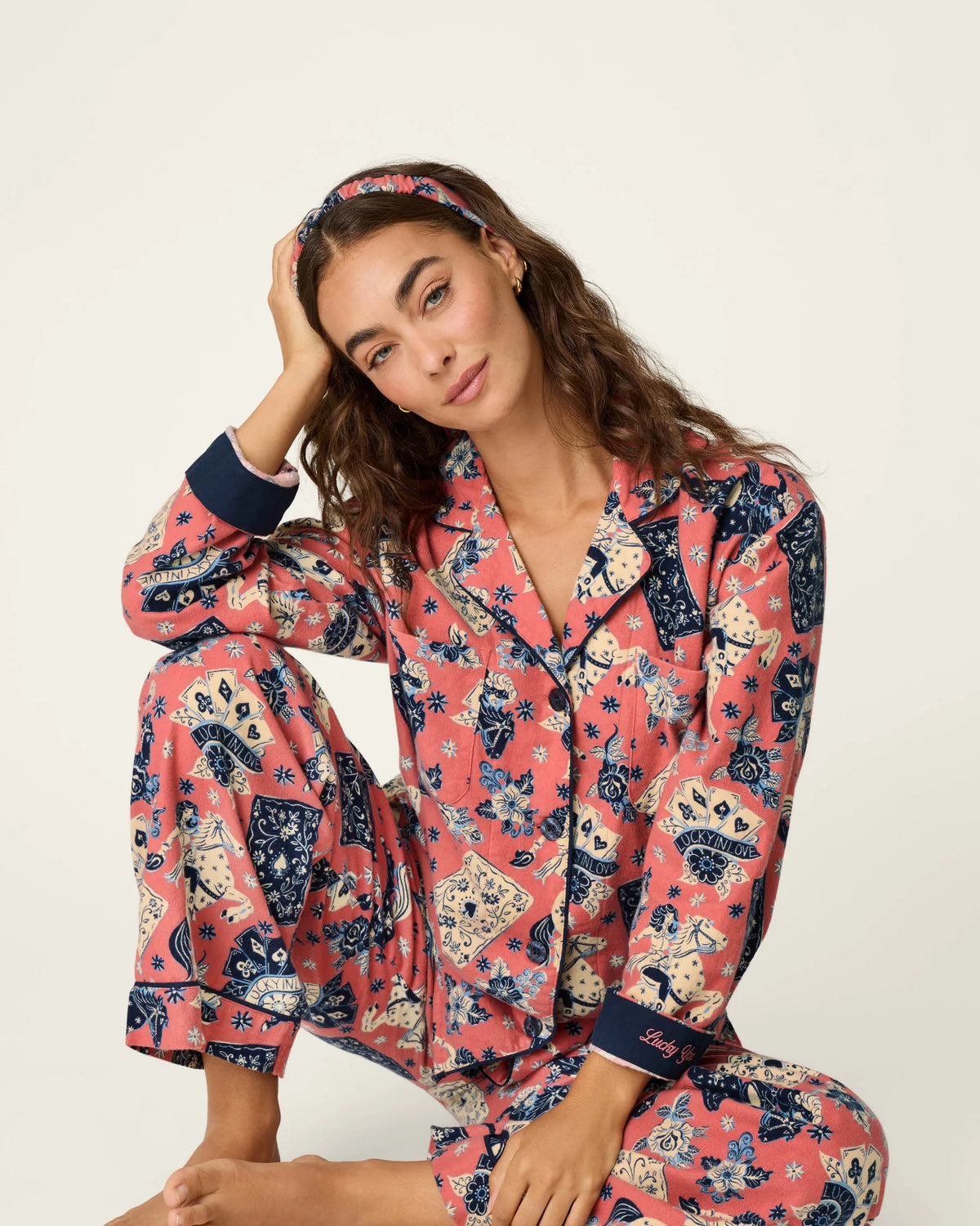 PJ Salvage Lucky in Love western print playing cards women on horseback close-up — Cloud Nine Pajamas