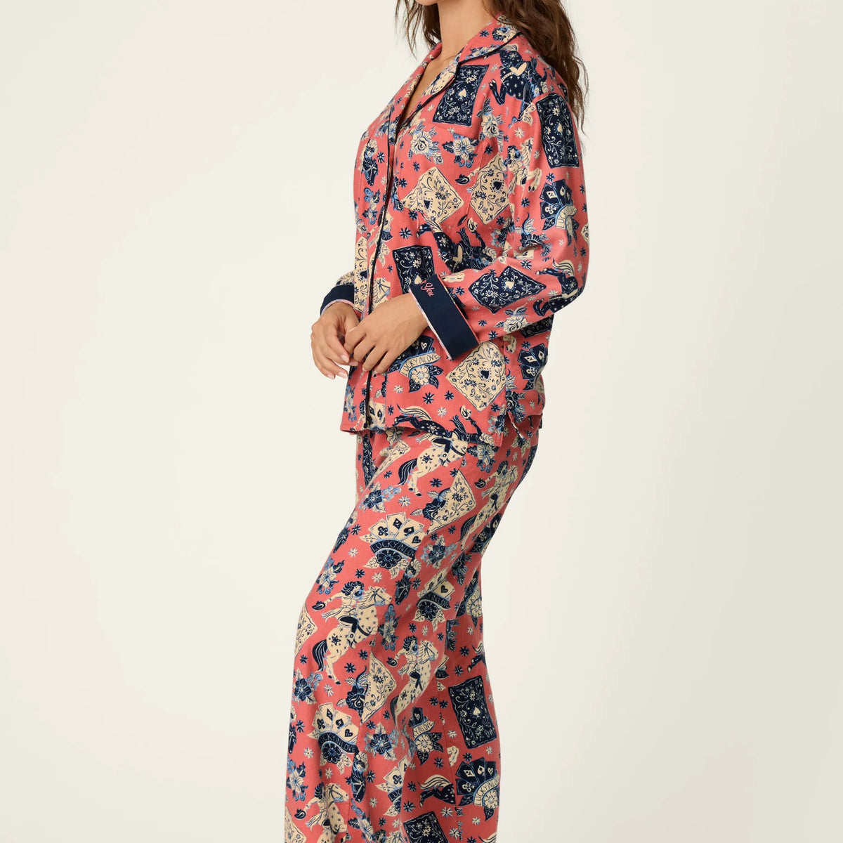 PJ Salvage Lucky in Love Flannel PJ Set model side view — Cloud Nine Pajamas Edmonton