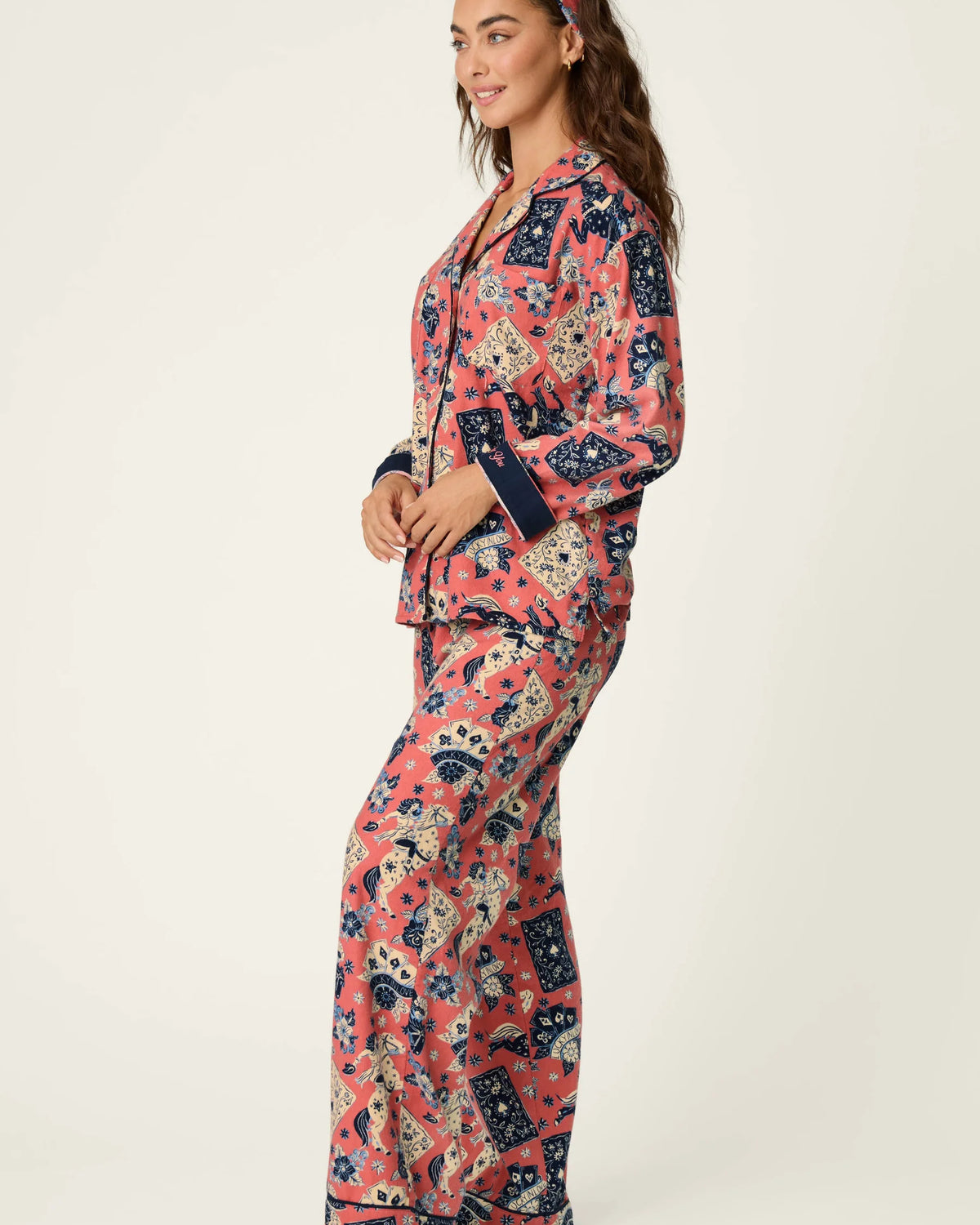 PJ Salvage Lucky in Love Flannel PJ Set model side view — Cloud Nine Pajamas Edmonton