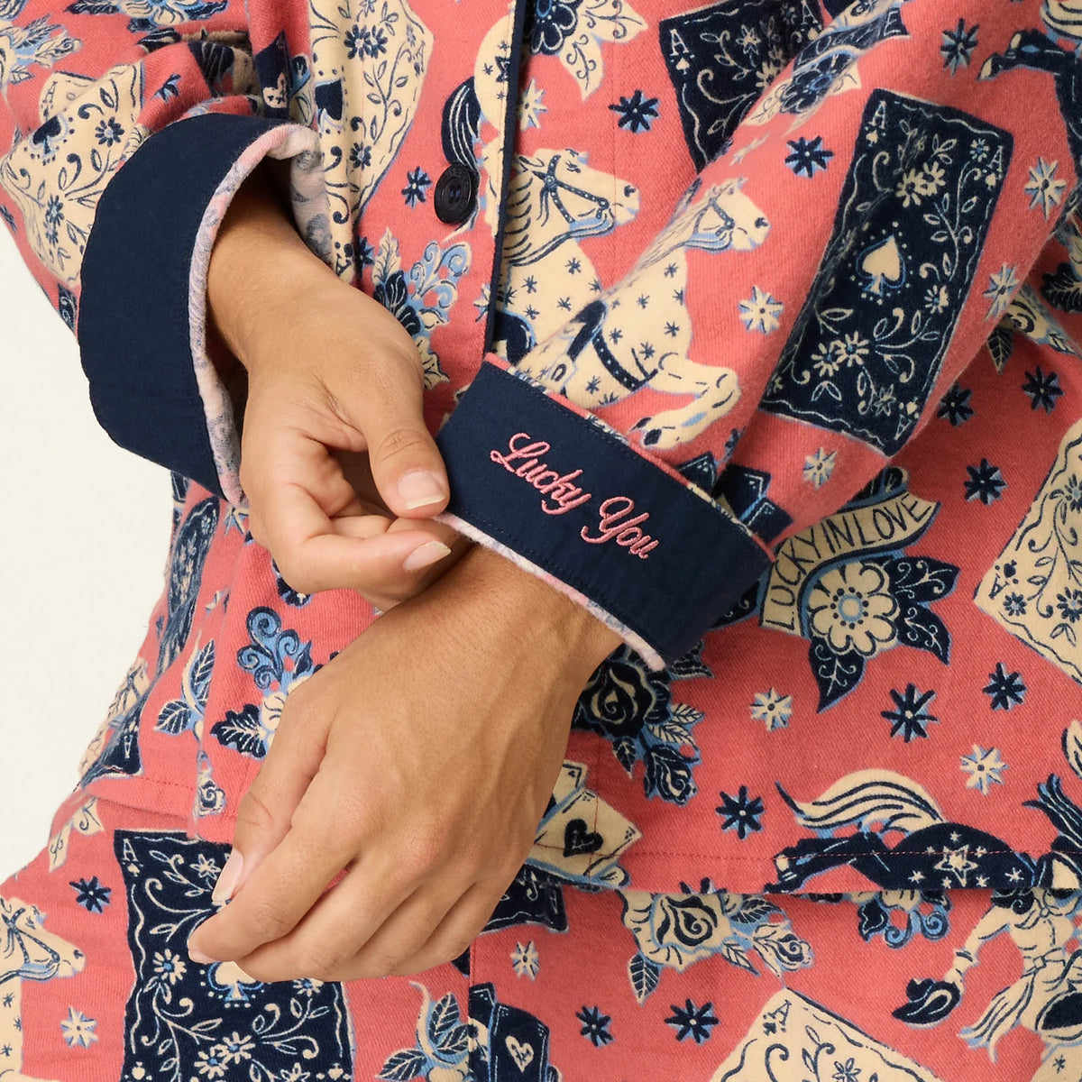 PJ Salvage Lucky in Love Flannel PJ Set Lucky You embroidered contrast cuffs detail — Cloud Nine Pajamas