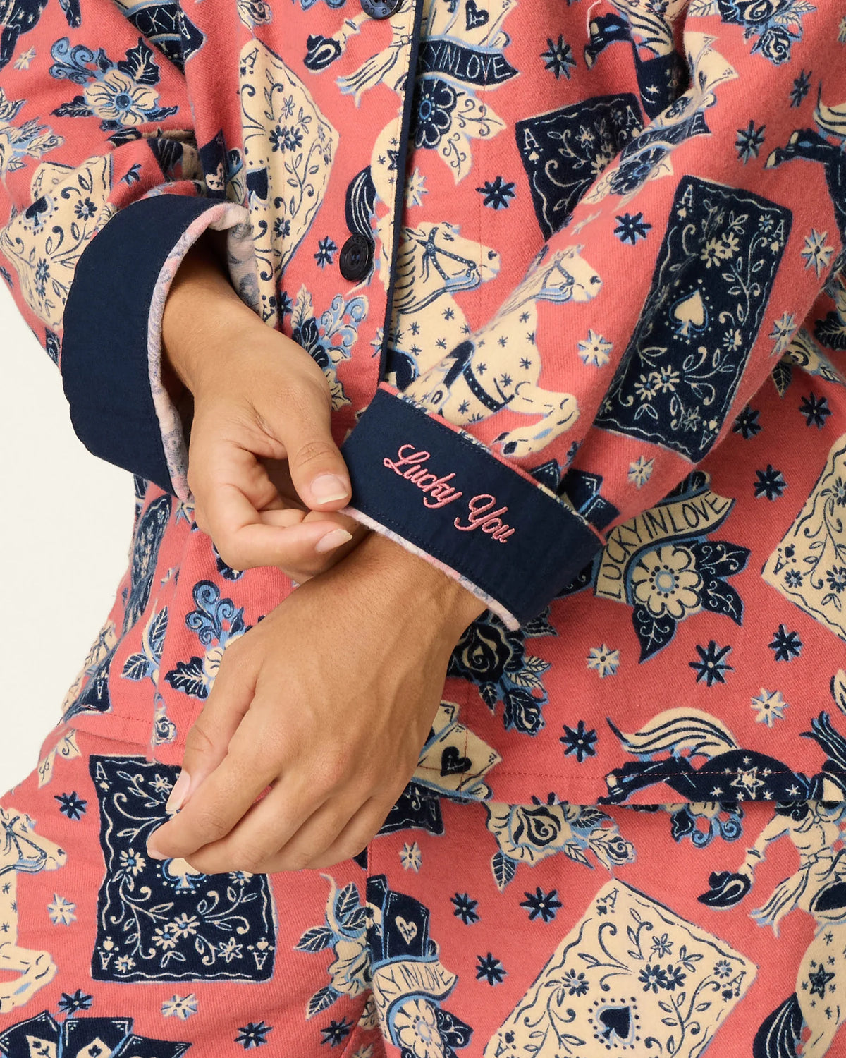 PJ Salvage Lucky in Love Flannel PJ Set Lucky You embroidered contrast cuffs detail — Cloud Nine Pajamas