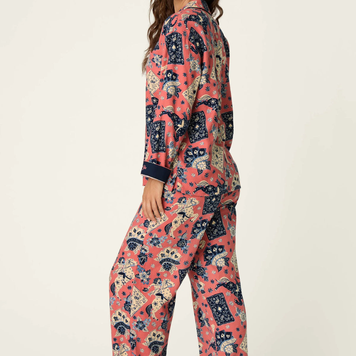 PJ Salvage Lucky in Love Flannel PJ Set model back view — Cloud Nine Pajamas Edmonton