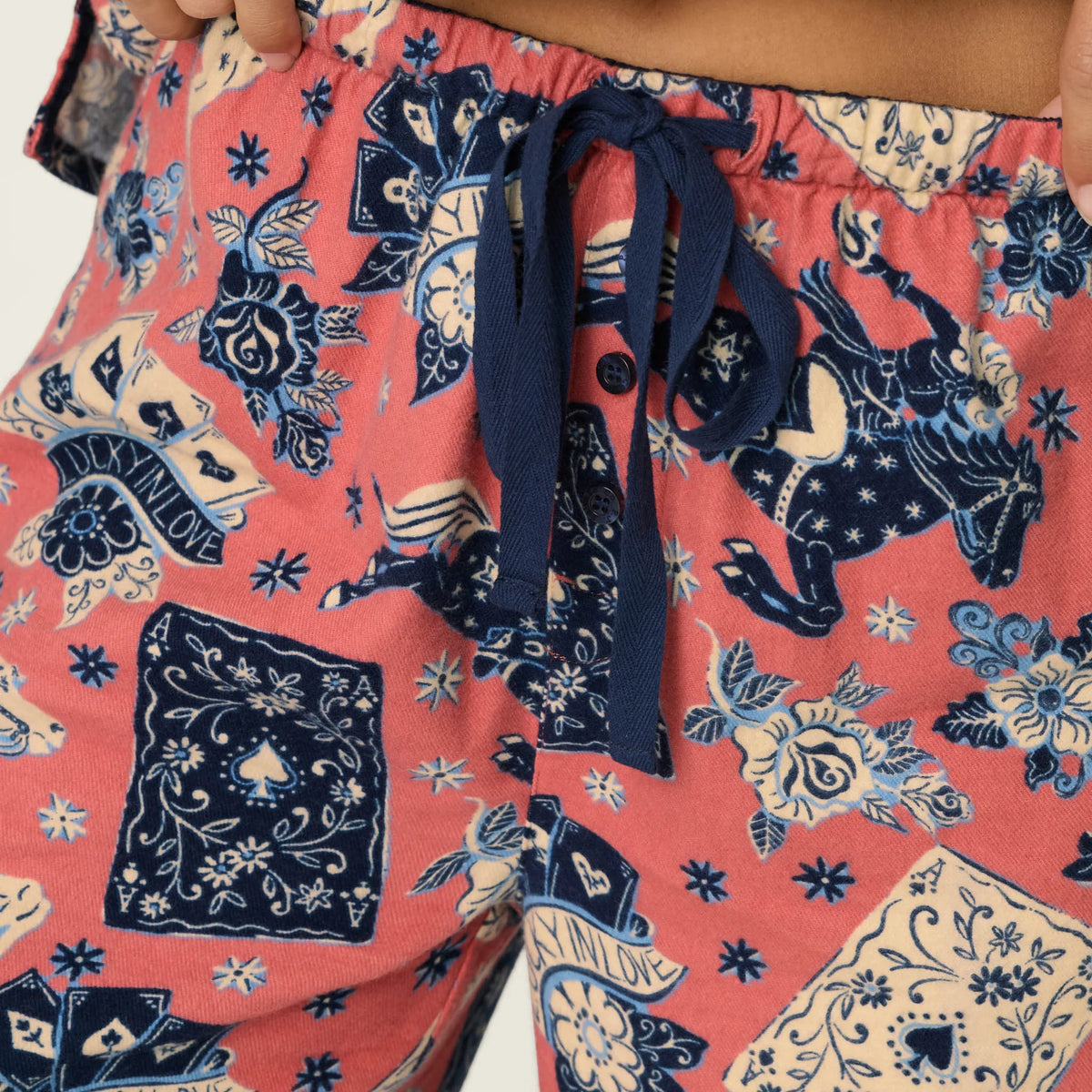PJ Salvage Lucky in Love Flannel PJ Set pants drawstring waist detail — Cloud Nine Pajamas