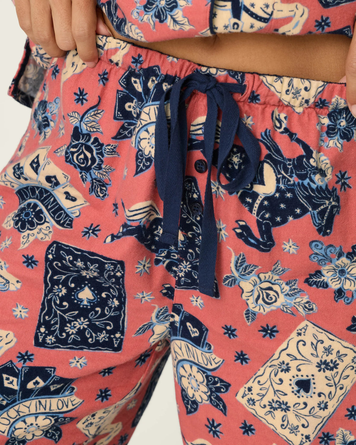 PJ Salvage Lucky in Love Flannel PJ Set pants drawstring waist detail — Cloud Nine Pajamas