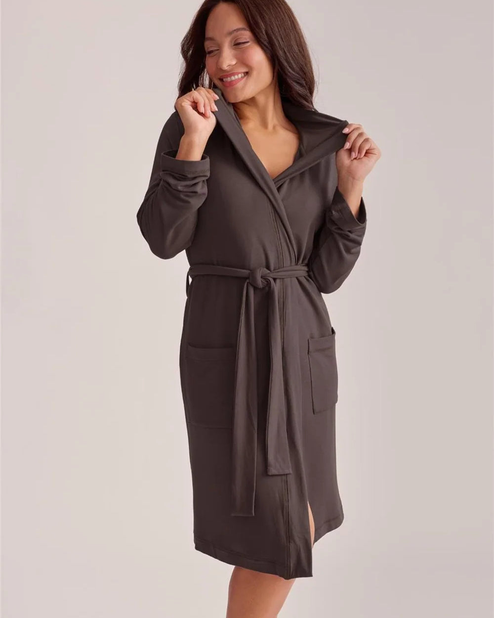Fleur't Made for You Boyfriend Hooded Robe Espresso front view belted on model — Cloud Nine Pajamas Edmonton