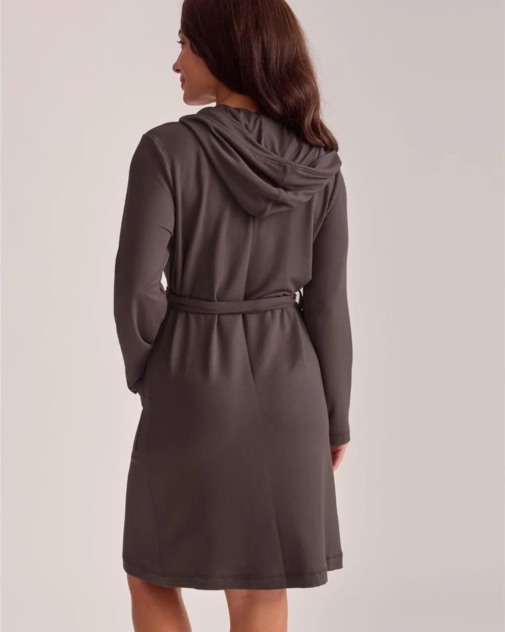 Fleur't Made for You Boyfriend Hooded Robe Espresso front view belted on model — Cloud Nine Pajamas Edmonton