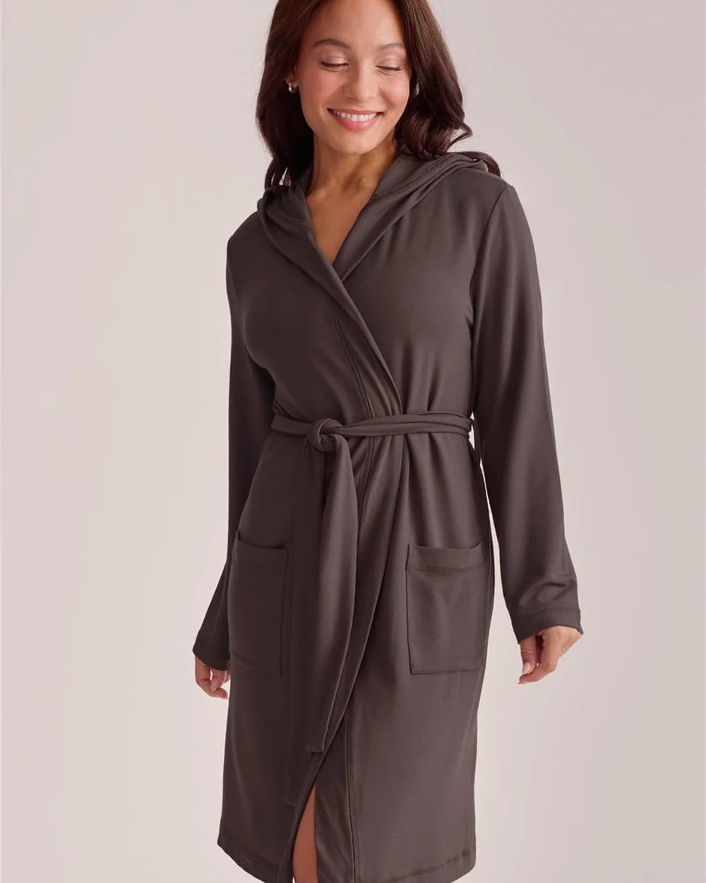 Fleur't Boyfriend Hooded Robe Espresso lifestyle model relaxed — Cloud Nine Pajamas Edmonton