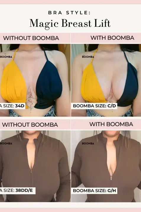 Comparison of 'Magic Breast Lift' bra with and without Boomba, showing different bra and Boomba sizes.