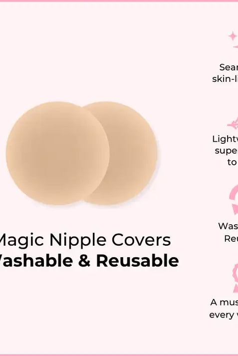 Beige Boomba magic nipple covers with text highlighting features on a pink background