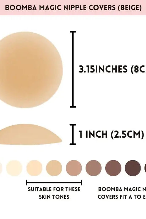Boomba Magic Nipple Covers beige color swatch with size and skin tone compatibility information.