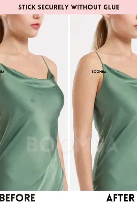 Comparison of a green satin dress labeled 'BOOMBA' before and after application, with text 'Stick securely without glue'.