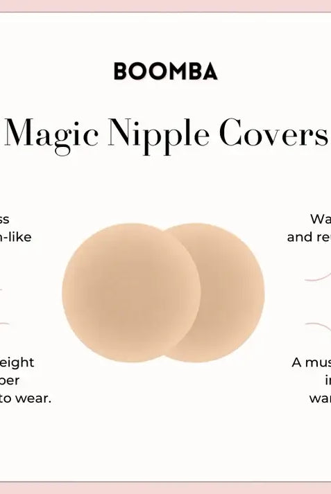 Boomba Magic Nipple Covers with product features on a light pink background