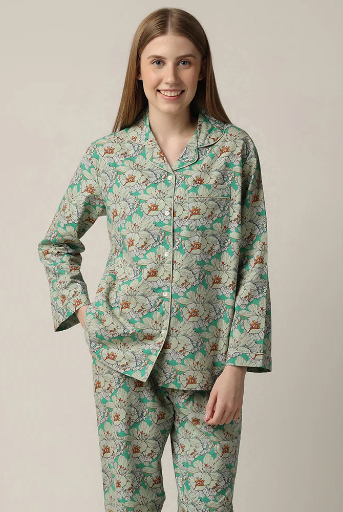 Kimberly Floral Print Button-Down Cotton Pajama Set woman's green floral print button up pajama set with straight leg in 100% cotton by mahogany