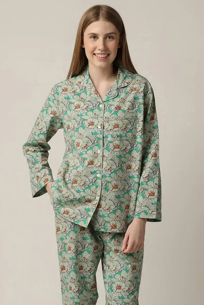 Kimberly Floral Print Button-Down Cotton Pajama Set woman's green floral print button up pajama set with straight leg in 100% cotton by mahogany