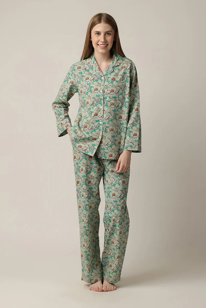 woman's green floral print button up pajama set with straight leg in 100% cotton