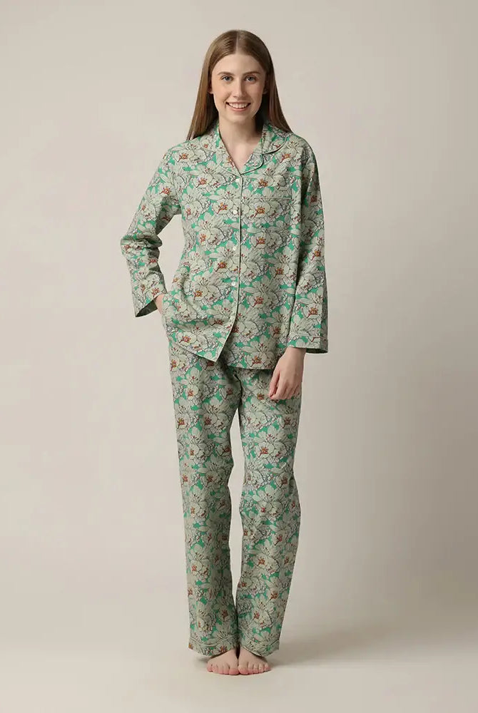 woman's green floral print button up pajama set with straight leg in 100% cotton