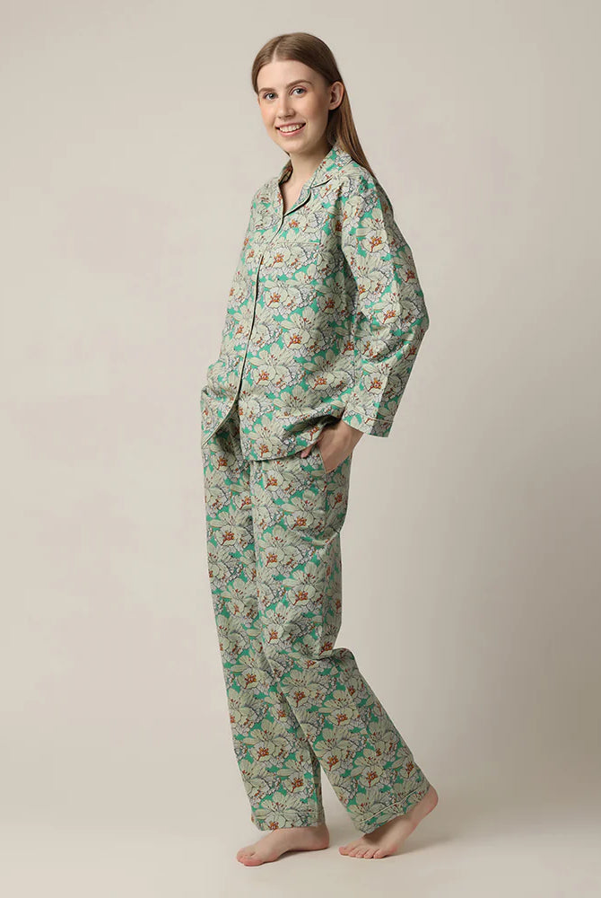 woman's green floral print button up pajama set with straight leg in 100% cotton