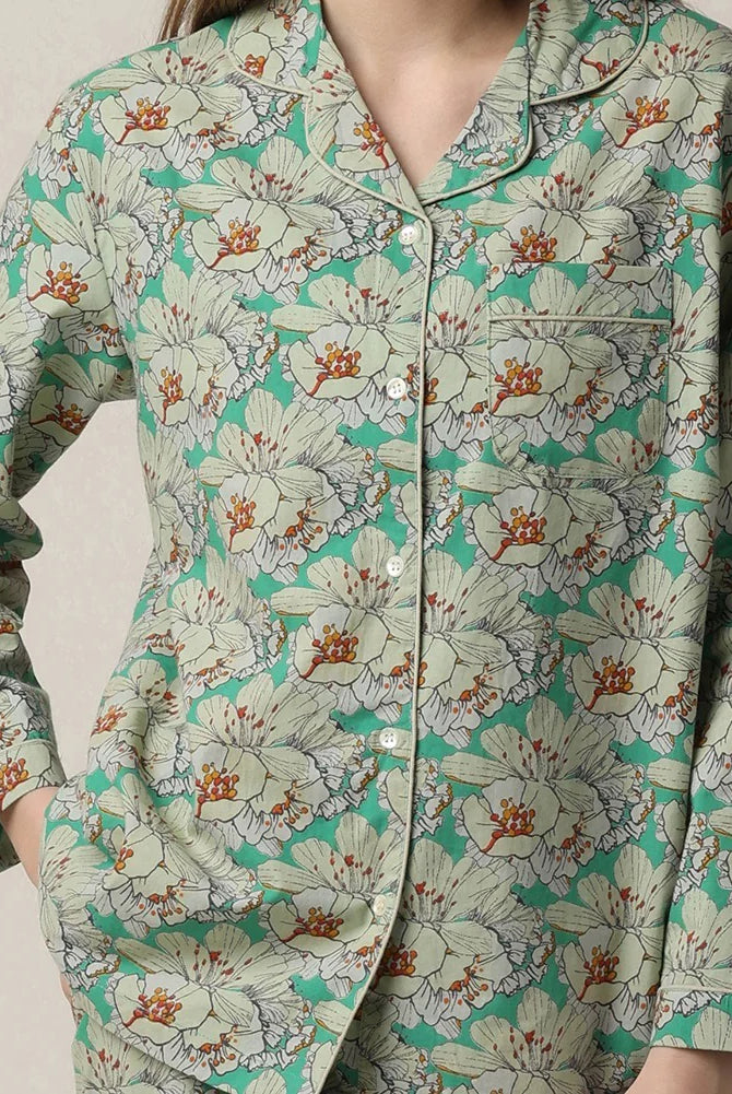 woman's green floral print button up pajama set with straight leg in 100% cotton