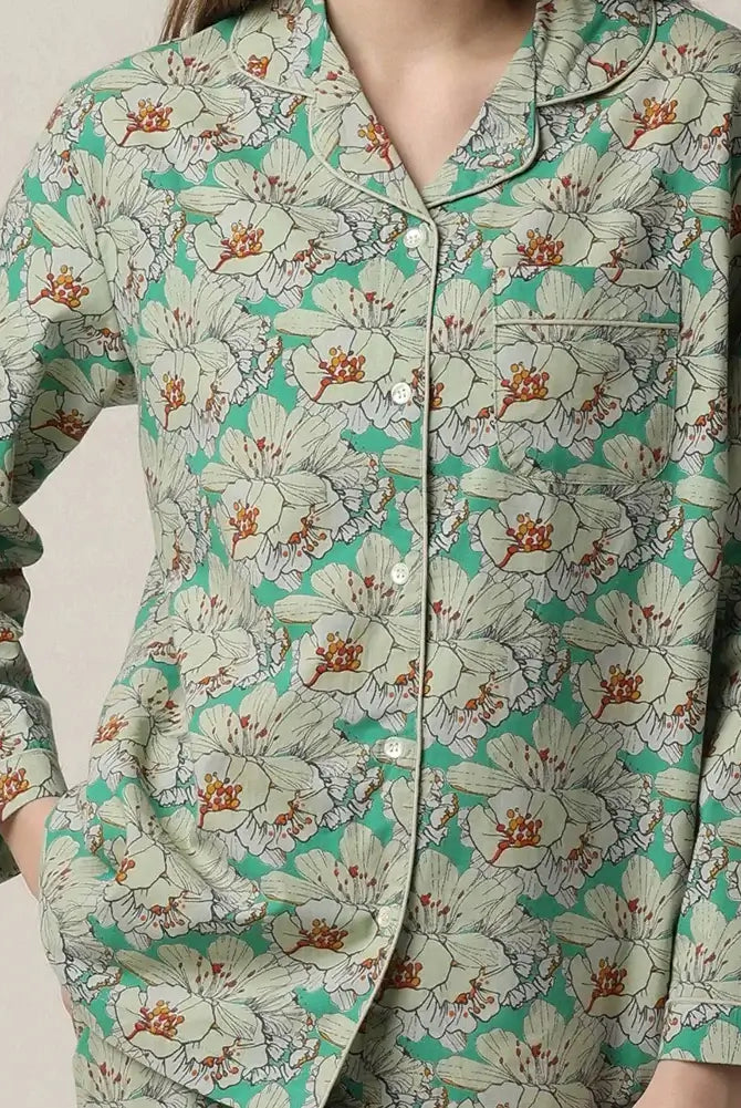 woman's green floral print button up pajama set with straight leg in 100% cotton