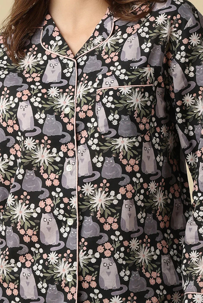Kitty Cat PJ set button up long sleeve straight pant in 100% cotton featuring grey cat and pink blossom print. - close up of print