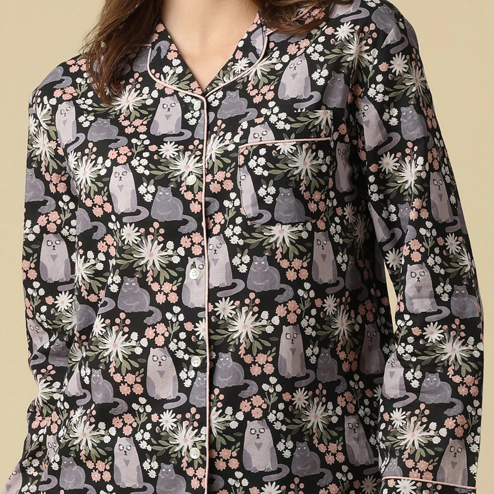 Kitty Cat PJ set button up long sleeve straight pant in 100% cotton featuring grey cat and pink blossom print. - close up of print