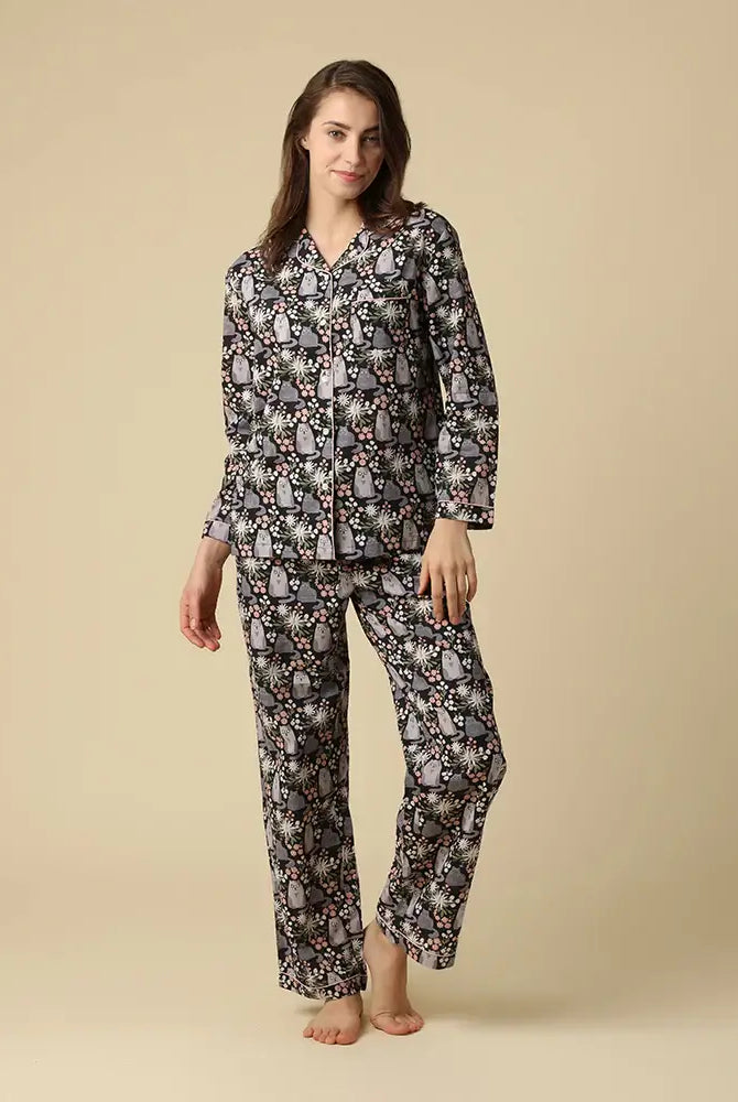 Kitty Cat PJ set button up long sleeve straight pant in 100% cotton featuring grey cat and pink blossom print.
