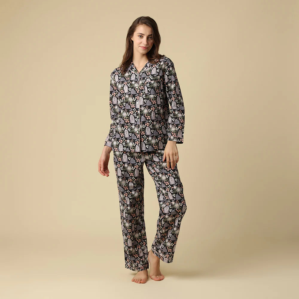 Kitty Cat PJ set button up long sleeve straight pant in 100% cotton featuring grey cat and pink blossom print.