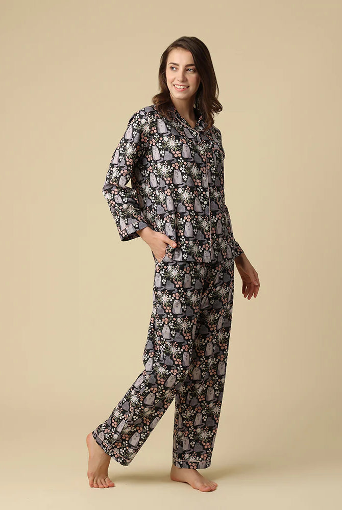 Kitty Cat PJ set button up long sleeve straight pant in 100% cotton featuring grey cat and pink blossom print. Full length showing pants