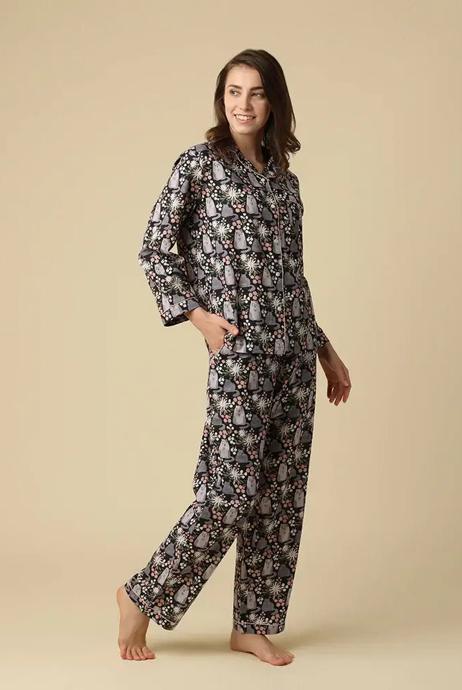 Kitty Cat PJ set button up long sleeve straight pant in 100% cotton featuring grey cat and pink blossom print. Full length showing pants