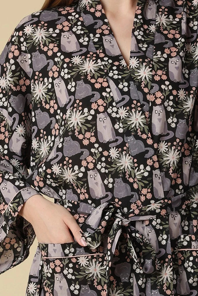 Kitty Cat 100% Cotton Long Kimono Style Robe