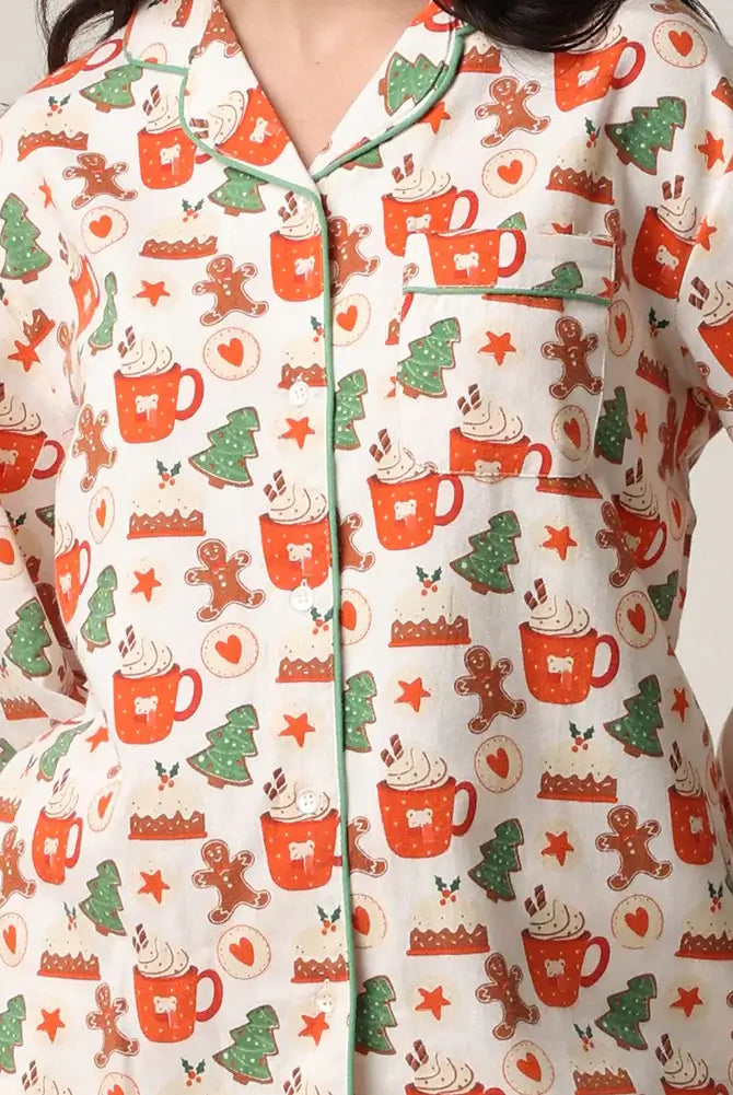 women's cotton flannel button up pj set with hot cocoa and cookies print by mahogany