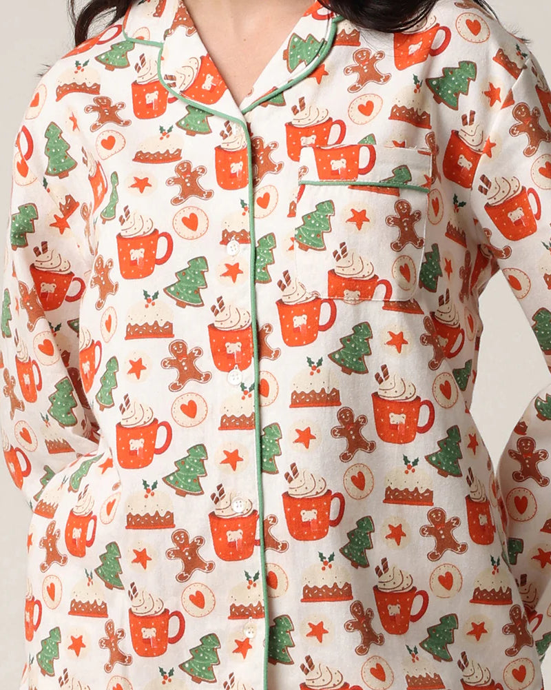 women's cotton flannel button up pj set with hot cocoa and cookies print by mahogany