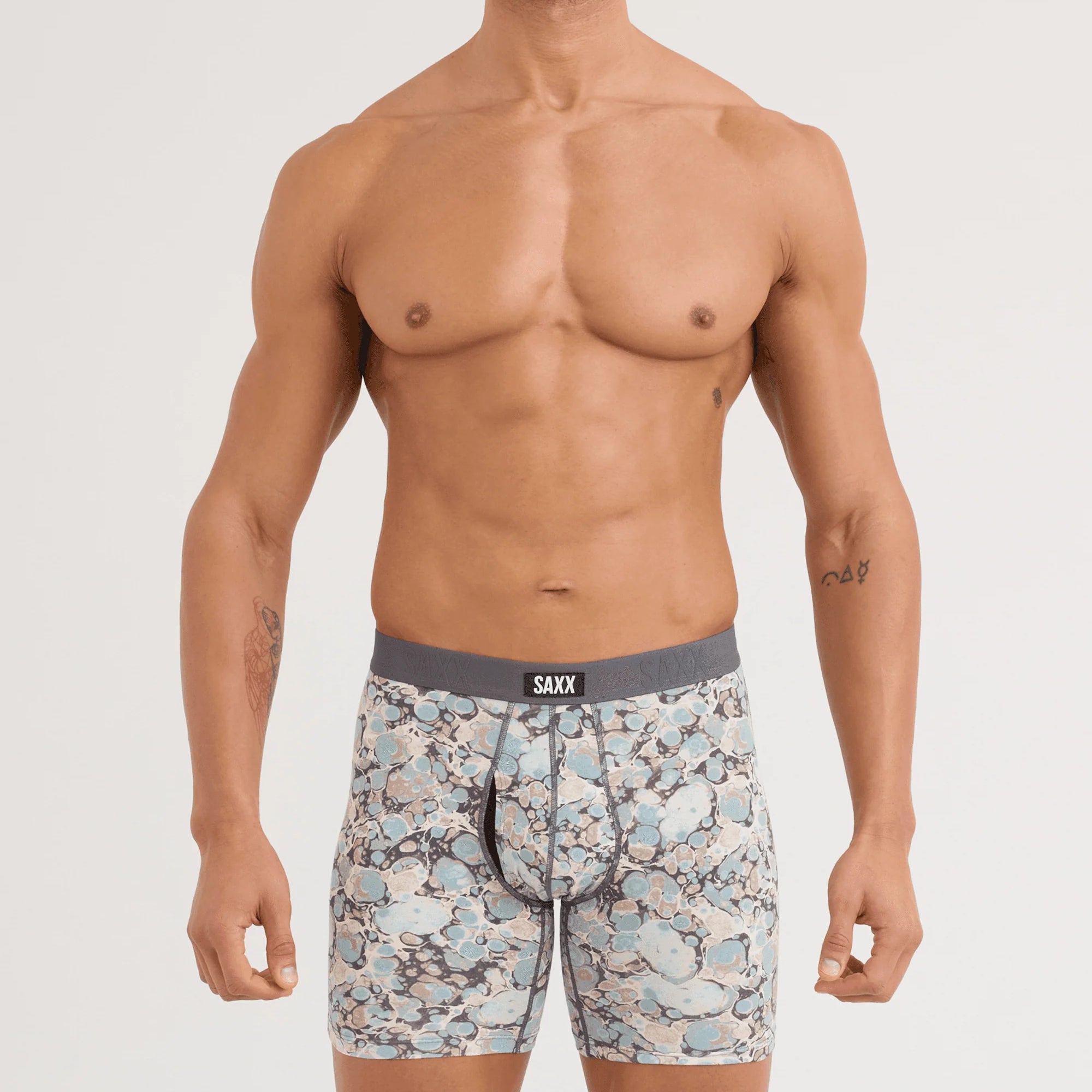 SAXX Vibe Xtra Soft Comfort Boxer Brief Marble Camo print front on model — Cloud Nine Pajamas Edmonton