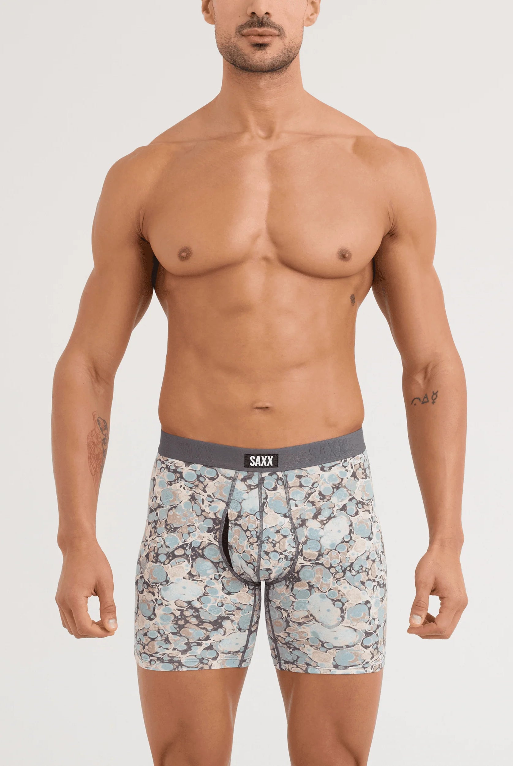 SAXX Vibe Xtra Soft Comfort Boxer Brief Marble Camo print front on model — Cloud Nine Pajamas Edmonton