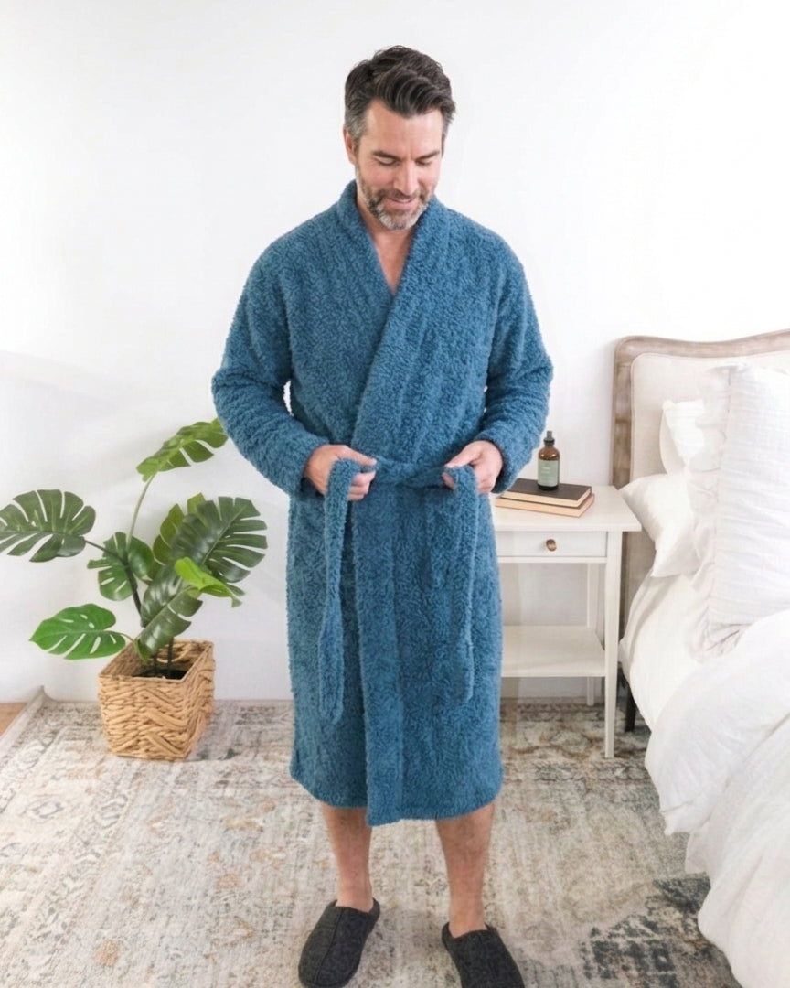 Lounge by Jan Marie Chenille Cloud Spa Robe Peacock Teal male model front view — Cloud Nine Pajamas Edmonton