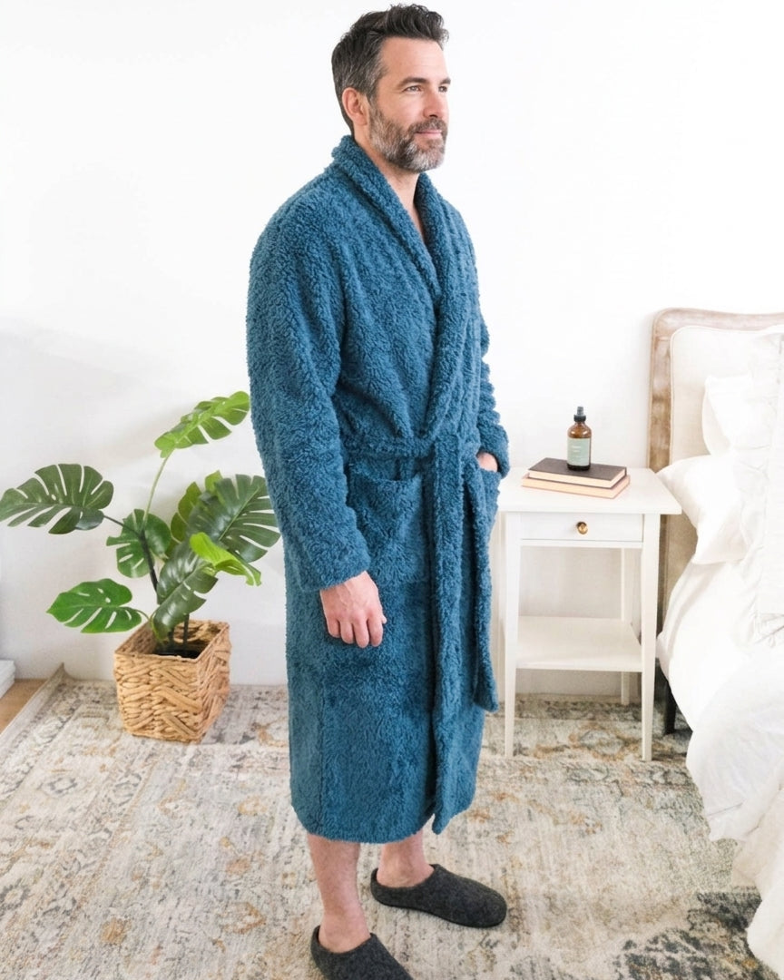 Lounge by Jan Marie Chenille Cloud Spa Robe Peacock Teal male model full length — Cloud Nine Pajamas Edmonton