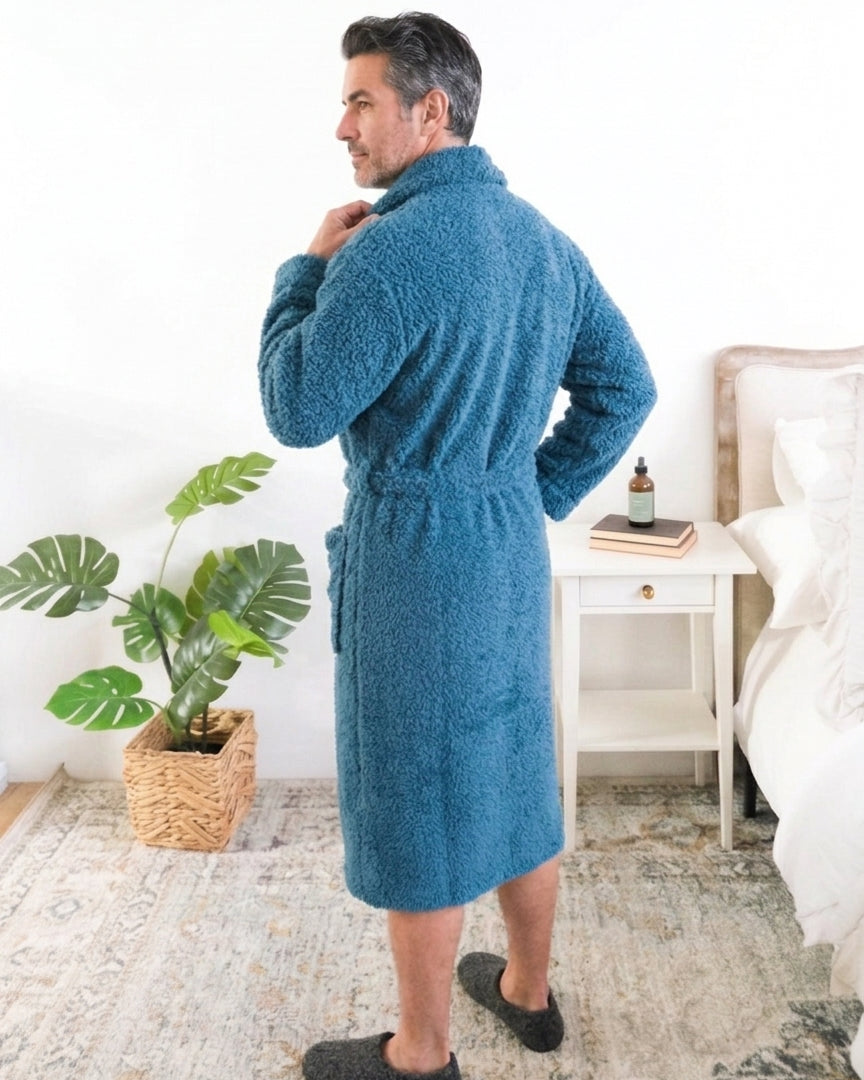 Lounge by Jan Marie Chenille Cloud Spa Robe Peacock Teal male model side view — Cloud Nine Pajamas Edmonton