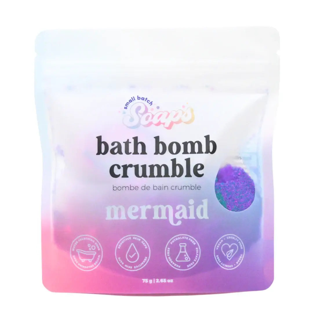 Mermaid Bath Bomb Crumble in a colorful mini bag, transforming bath time into a fizzy, magical experience.
