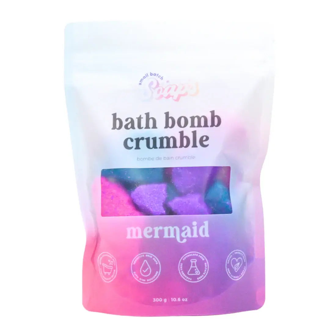 Mermaid Bath Bomb Crumble in a colorful 300g package, perfect for transforming bathwater into a fizzy, fun experience.