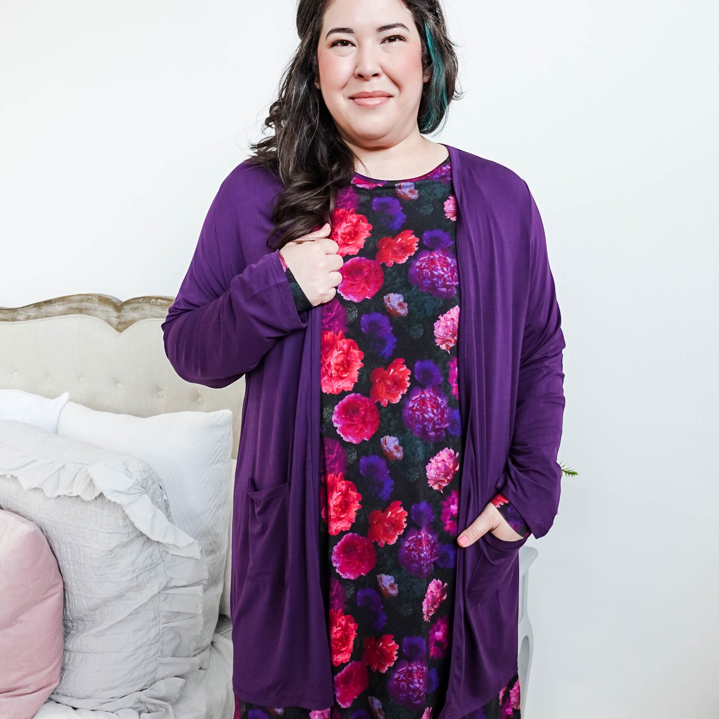 womens long bamboo cardigan with pockets in purple georgia rylan