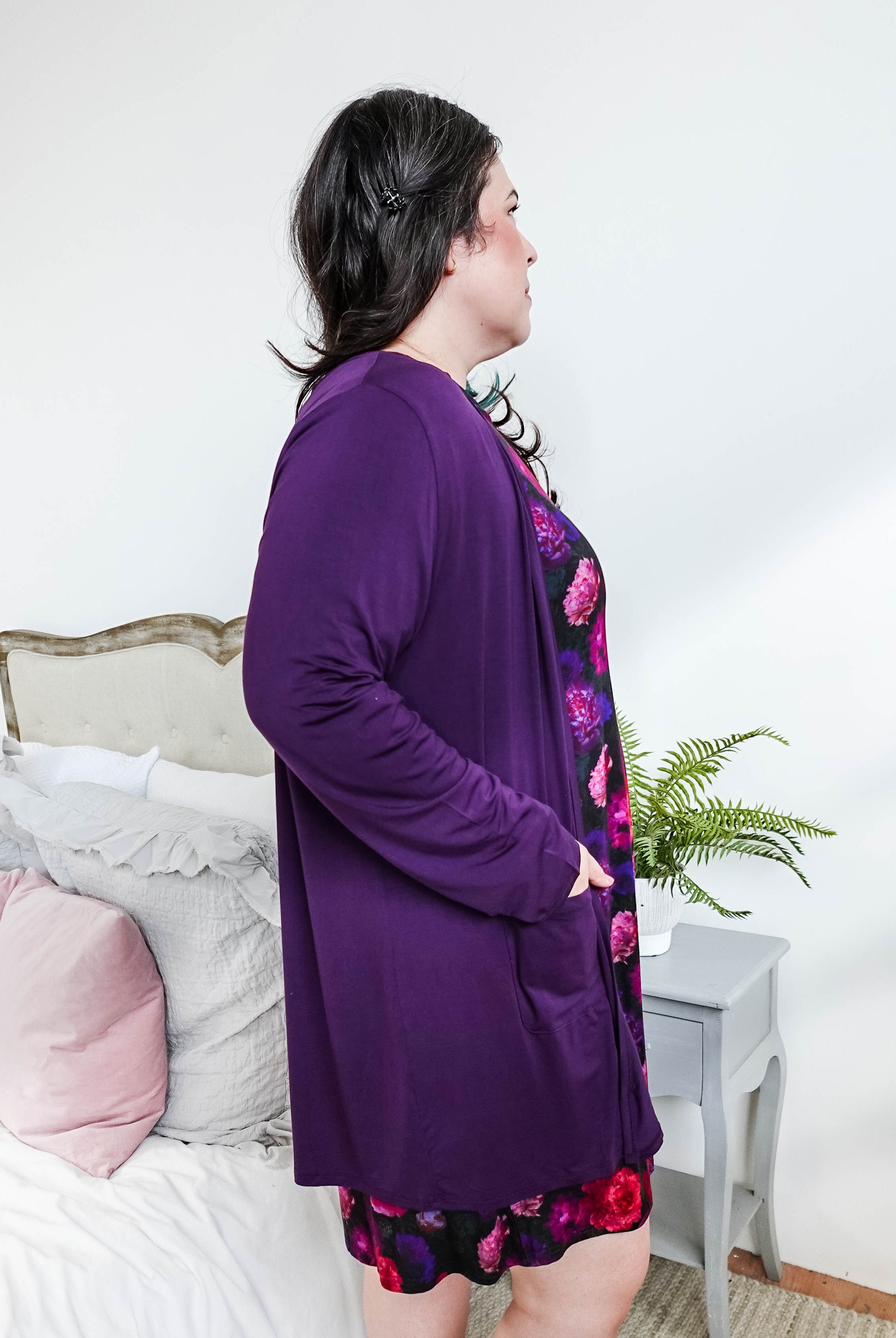 women's long bamboo cardigan with pockets in purple georgia rylan