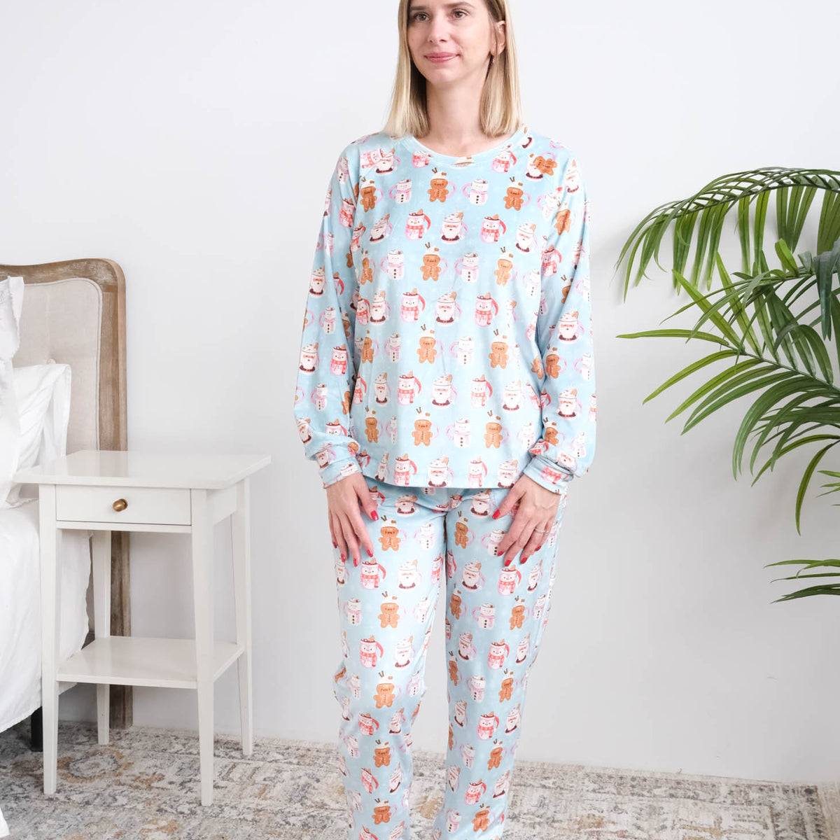 Miranda Nic Coffee and Cocoa Velour PJ Set full length front view on model — Cloud Nine Pajamas Edmonton