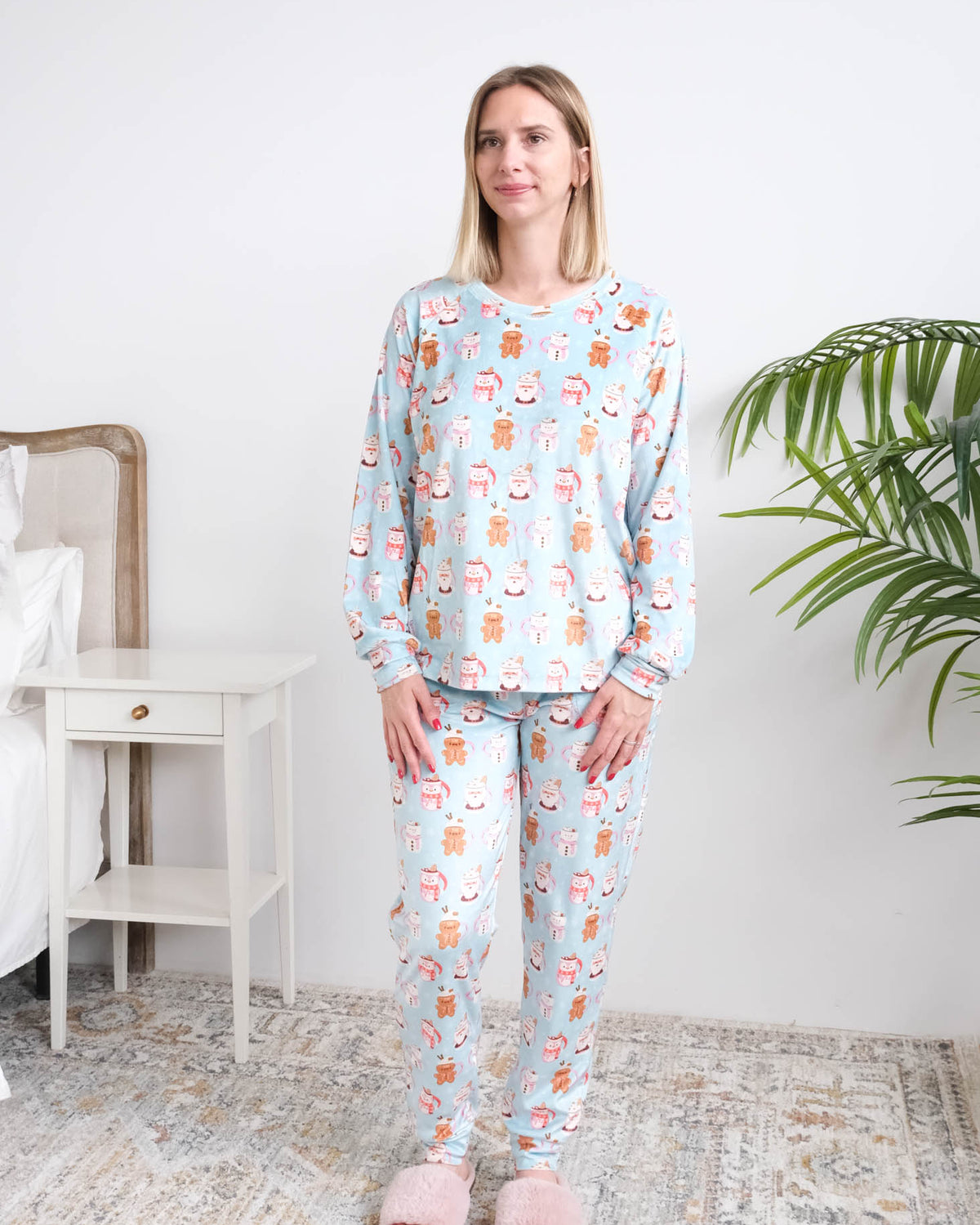 Miranda Nic Coffee and Cocoa Velour PJ Set full length front view on model — Cloud Nine Pajamas Edmonton