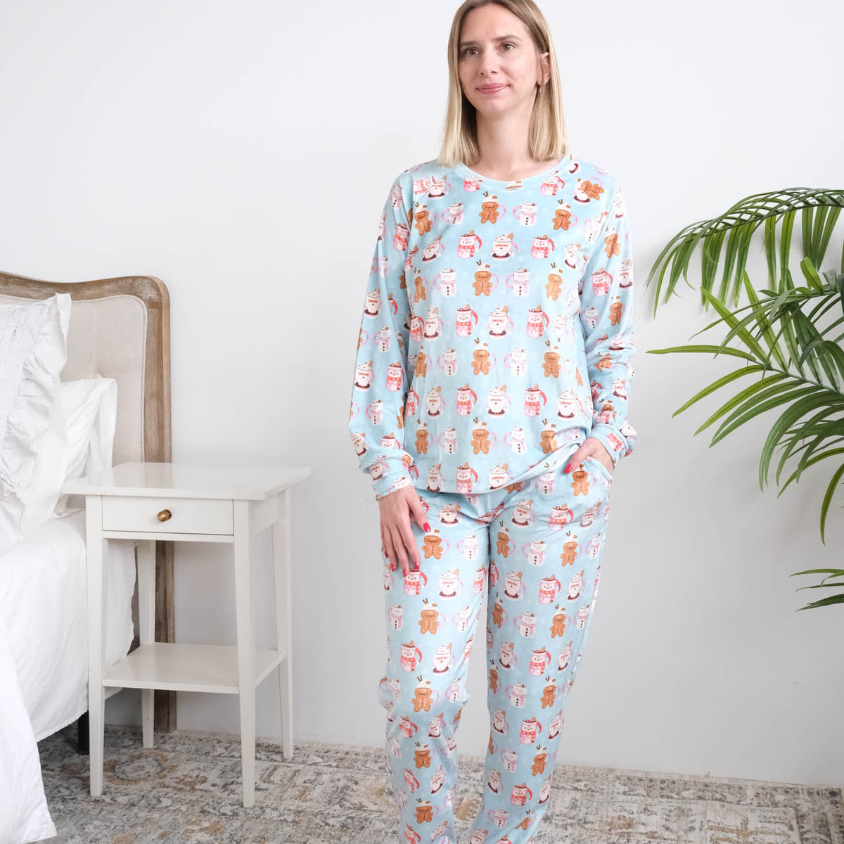 Miranda Nic Coffee and Cocoa Velour PJ Set full length untucked front view on model — Cloud Nine Pajamas Edmonton