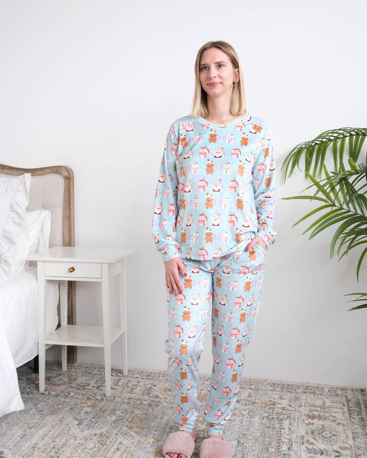 Miranda Nic Coffee and Cocoa Velour PJ Set full length untucked front view on model — Cloud Nine Pajamas Edmonton
